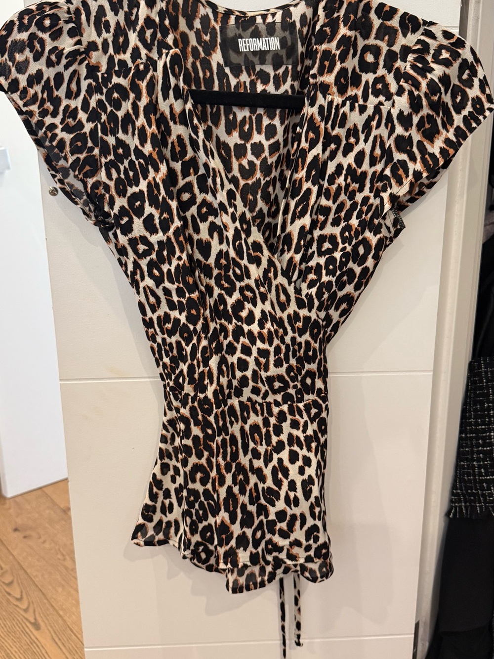 Reformation Black & Brown Leopard Print Wrap Top